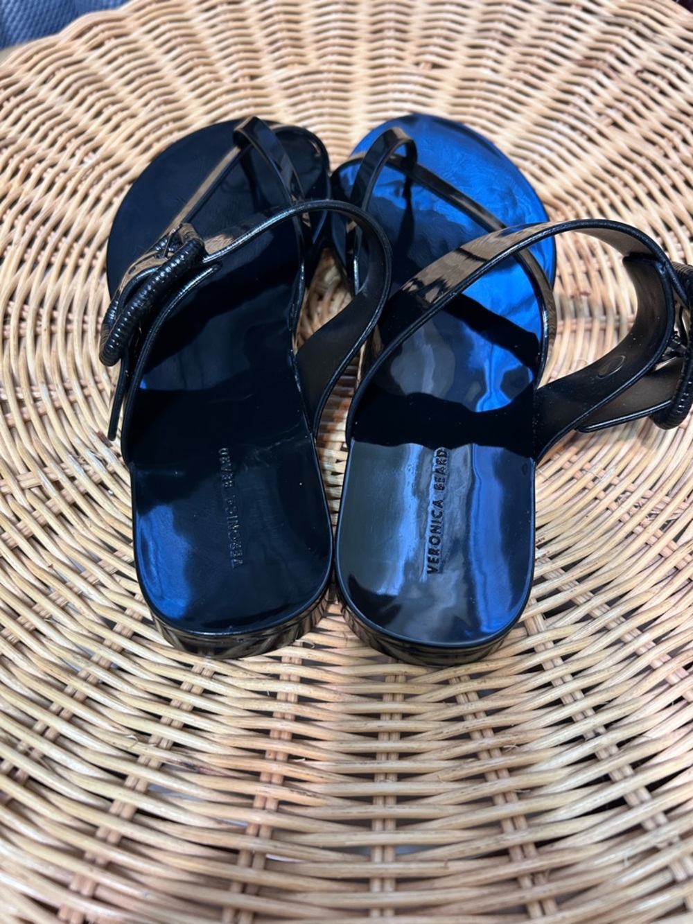 Veronica Beard Black Patent Buckle Thong Sandals - Picture 3 of 5